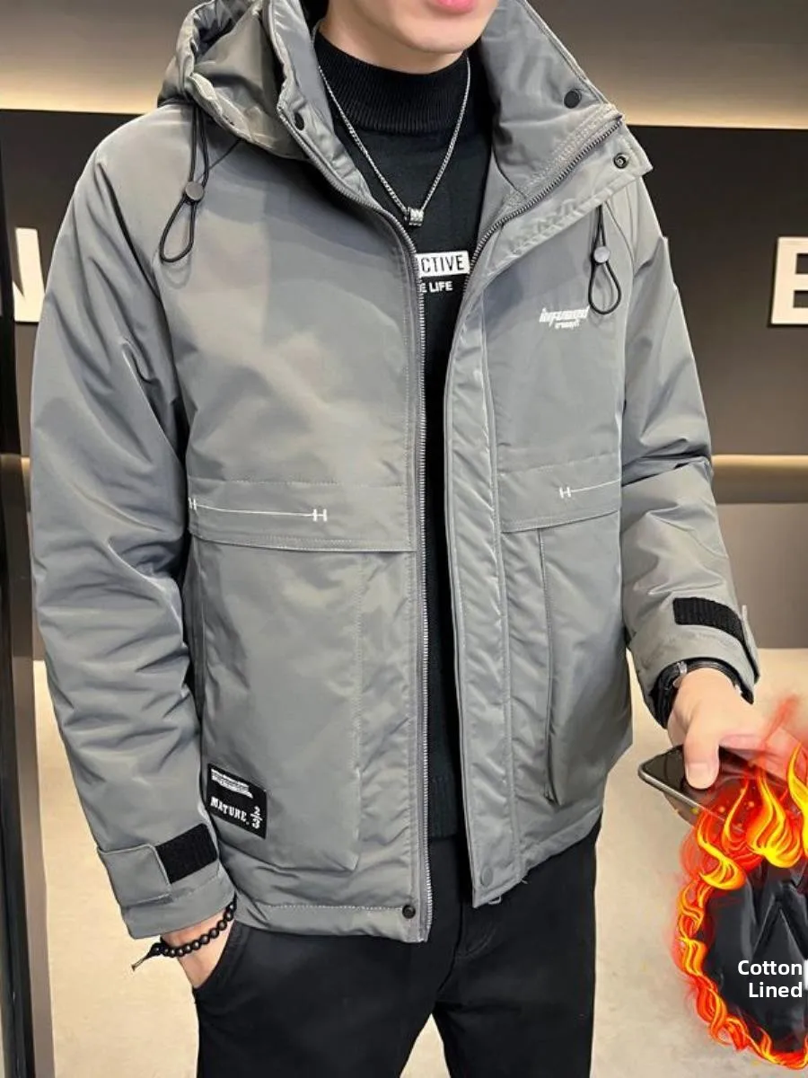 

Detachable Hat Jacket Thickened Cotton Men's Fashionable Autumn Winter Coat Warm Long Sleeve Loose Fit Double Breasted Cotton...