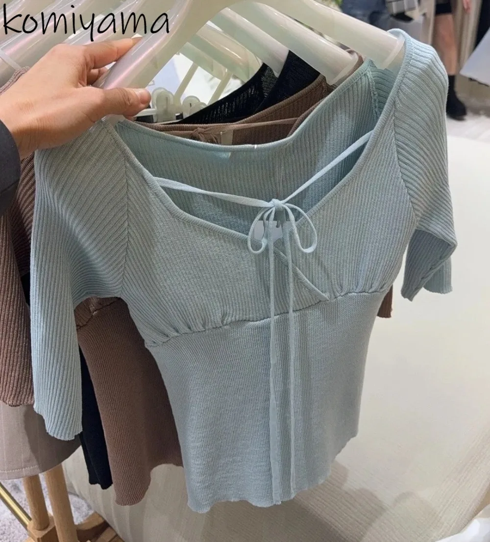 

Новая женская одежда с бантом на шнуровке Ropa De Mujer V-образным вырезом и половиной рукава Японская вязаная одежда Летняя футболка Pure Desire Style Camisetas