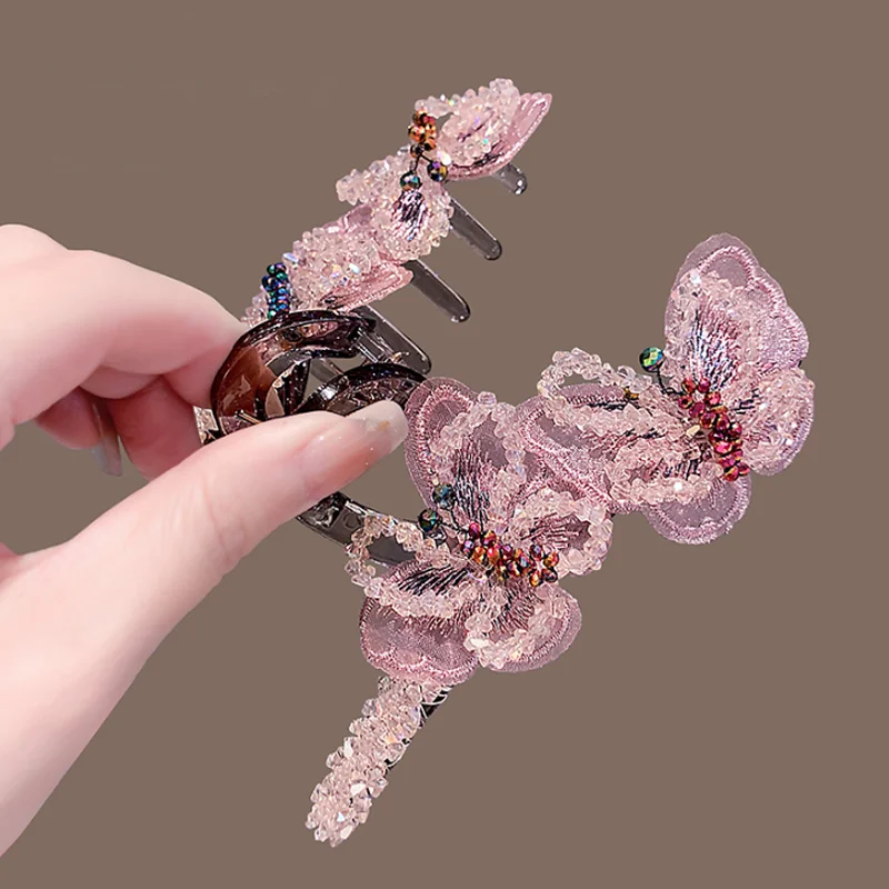 Full Crystal Woven Hair Clips Embroidery Butterfly Hair Claws Back of Head Shark Clip Large Size Barrette Hair Accessories