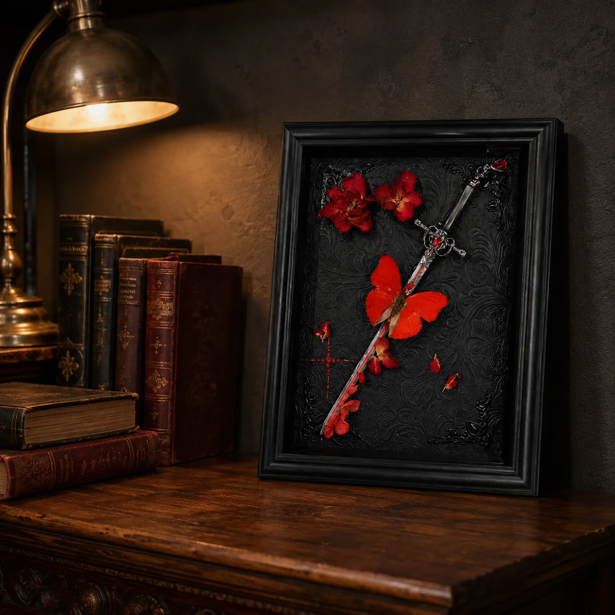 Butterfly Display, Wooden Frame, blood dripping flower, Gothic Angel Sword Framed Wall Art, Desk Decor for Collectors