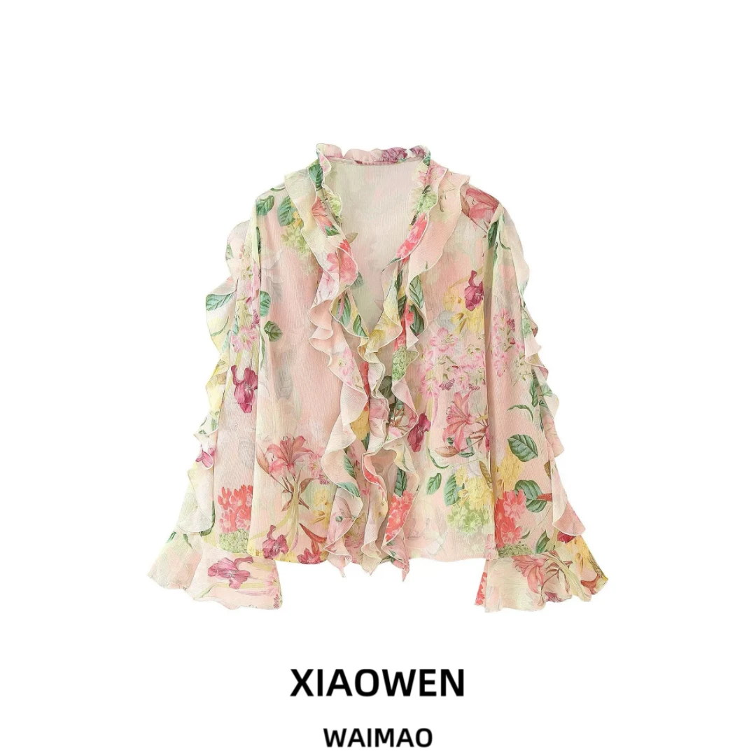 

Elegant Long Sleeve Floral Print Layered Decoration Shirt for Women ZR Cross-Border Fashion Simple Atmosphere Shirt