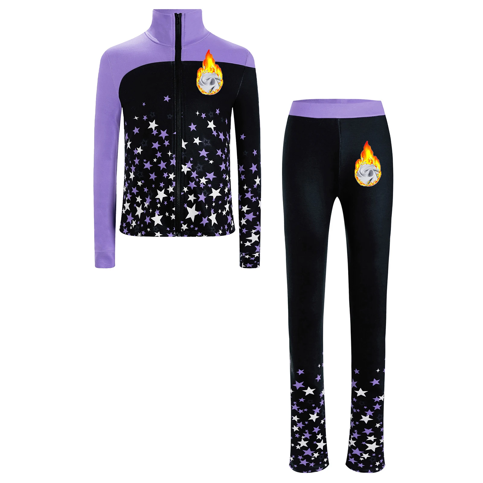 Kids Girls Fleece Figure Skating Jacket and Skating Pants Set Printed Zip Up Jacket Coat Leggings Pants Tracksuit Sweatsuit Set