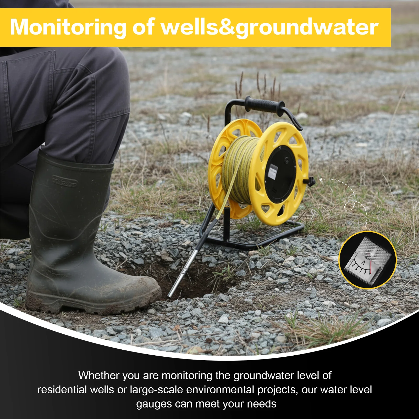 

50m Groundwater Well Depth Sensor with Fixed Probe and Steel Tape Portable Water Well Level Gauge for Wells Boreholes Reservoirs