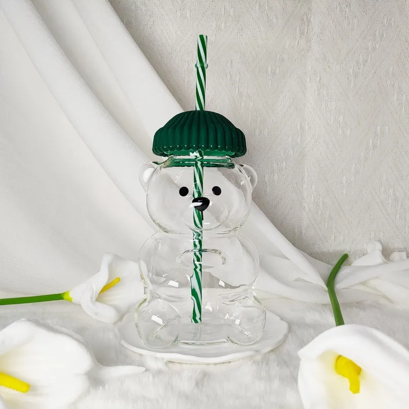 كوب الدب الزجاجي مع القش 2026 جديد شعبي لطيف الإبداعية حفلة عطلة المشروبات كوب هدية عيد الميلاد