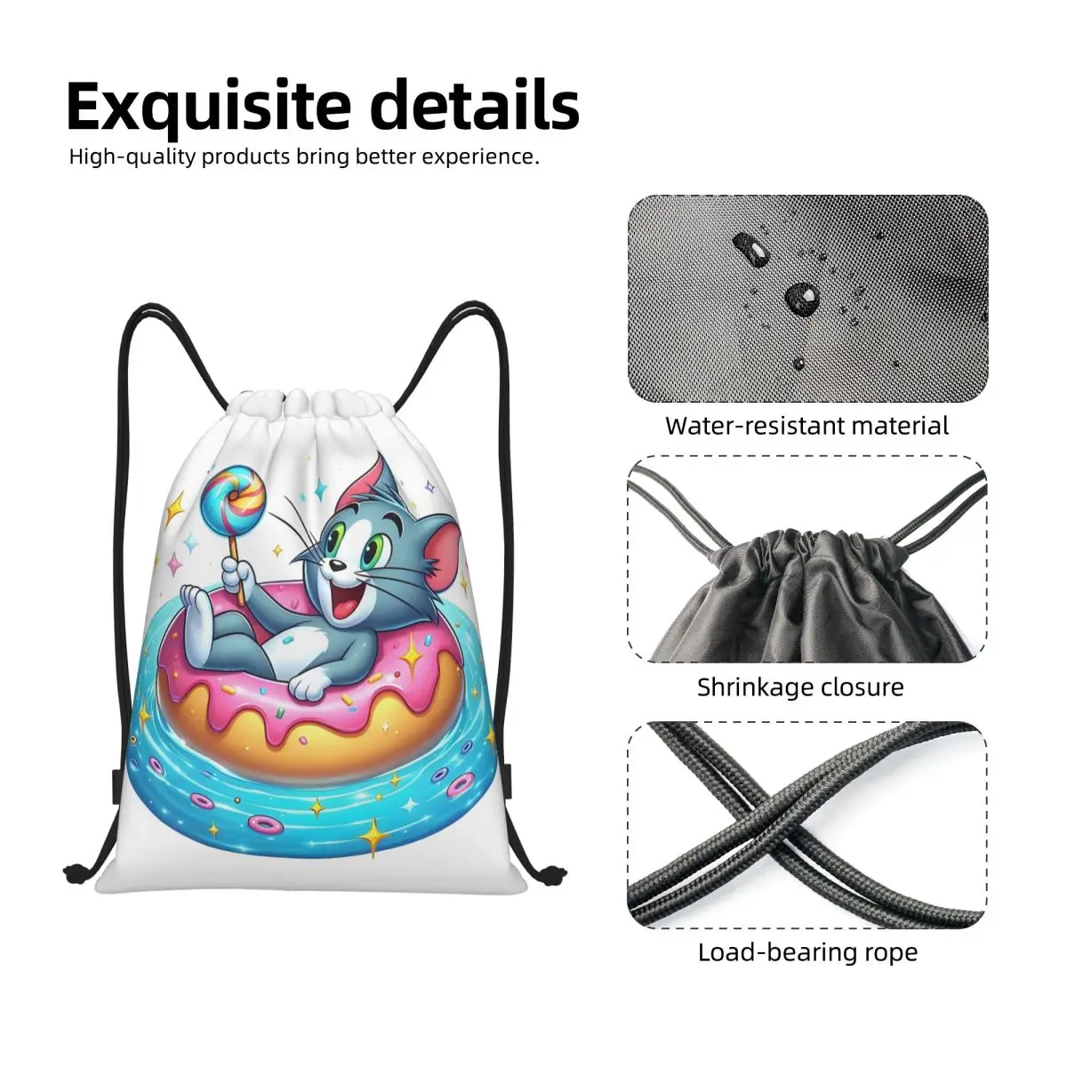 مخصص الكرتون توم وجيري الرباط أكياس الرجال النساء المحمولة رياضة الرياضة Sackpack أنيمي لطيف التدريب على ظهره