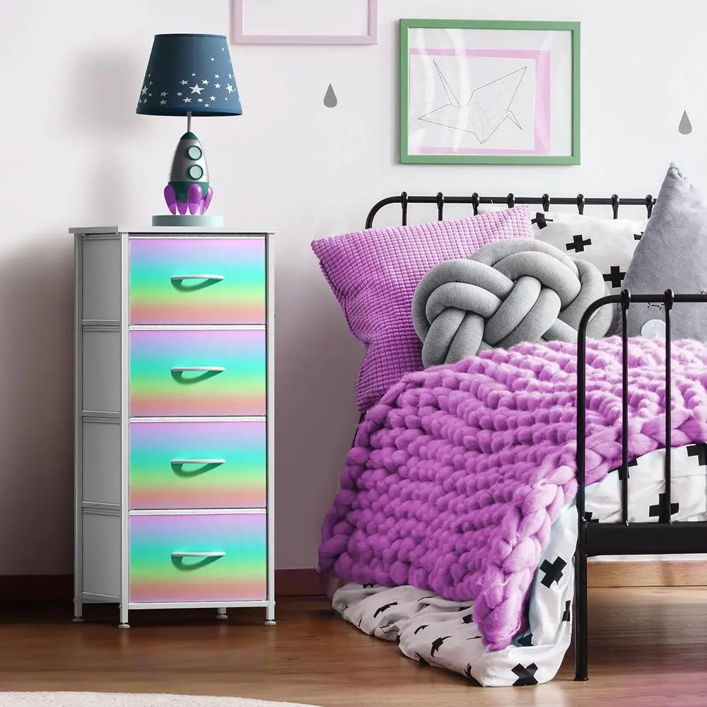 Kids Drawer Storage Chest Organizer Nightstand - Steel, Wood Top, Tie-Dye Fabric Bins or Clothes - Wide Furniture for Bedroom, H