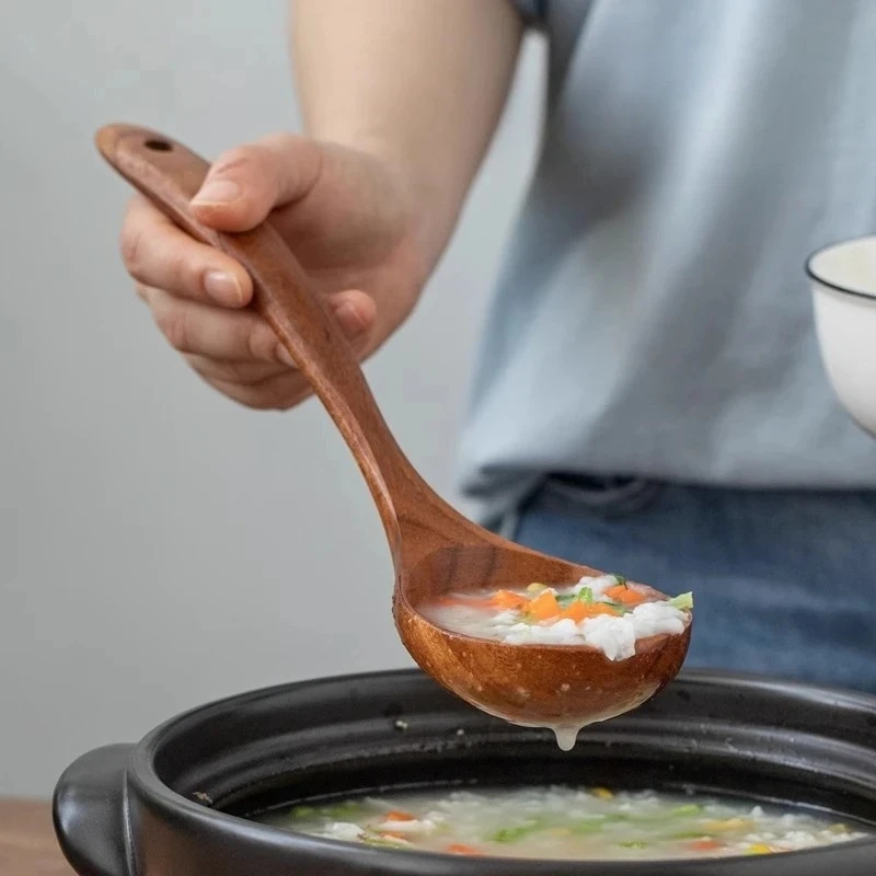

Japanese Solid Wood Soup Ladle Household Long Handle Rice Porridge Spoon Wooden Curved Handle Soup Spoon for Dining