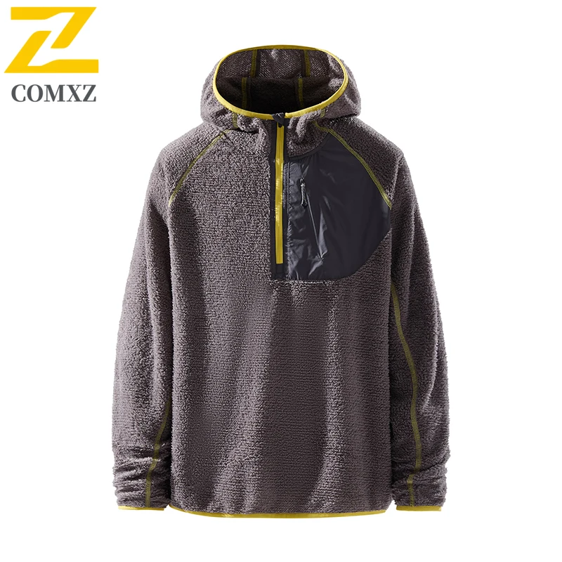 

Mens Fleece Jacket 2025 Thicken Outdoor Mountaineering Windproof Coat Hooded Patchwork Travel Cold Resistant Winter Men Clothing