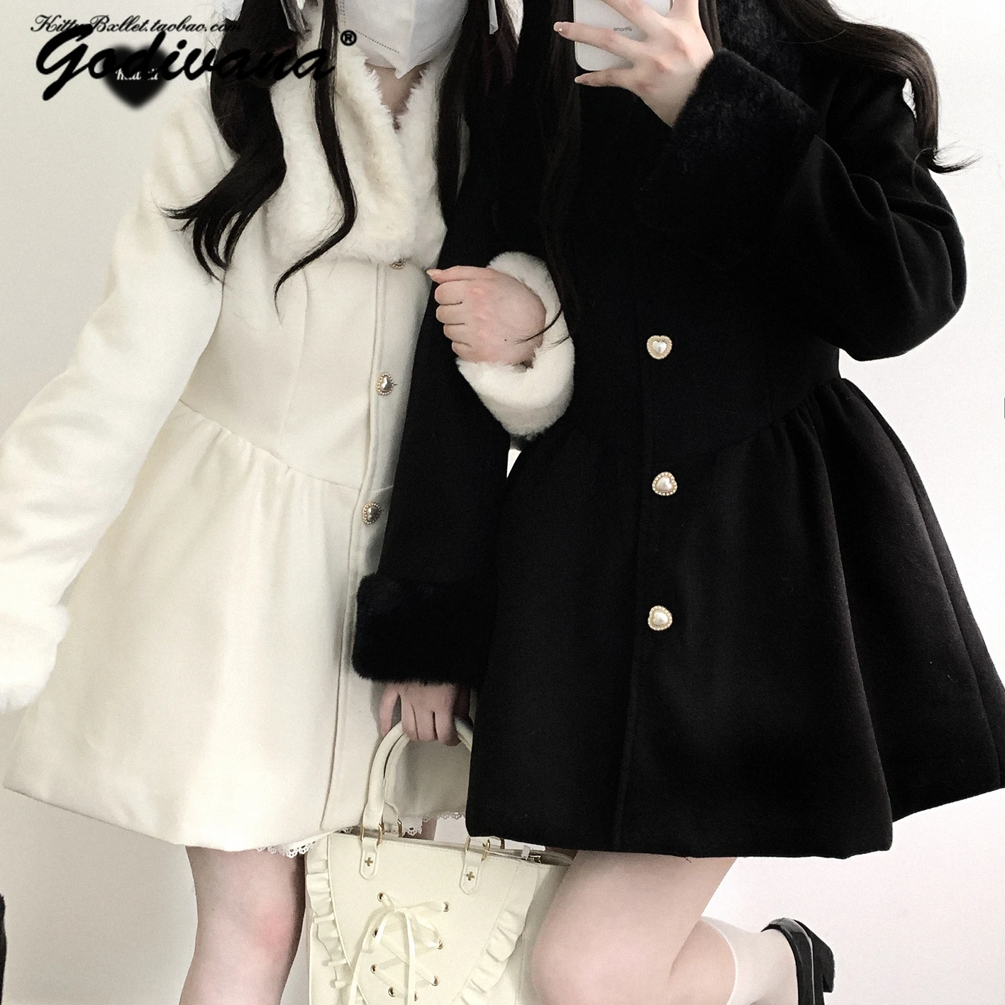 Sweet Girls Lolita Woolen Coat New Autumn and Winter Elegant Women's Removable Fur Collar Single-breasted Wool Jacket Overcoat