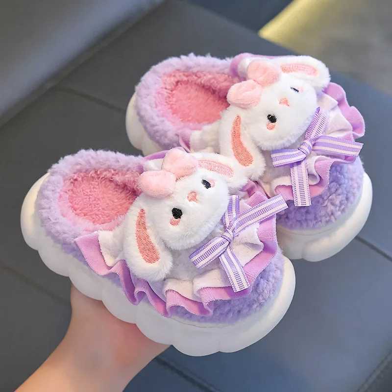 Winter Cotton Girls Slippers Cartoon Cute Rabbit Non-slip Home Slipper Shoes for Girl Plush Warm Indoor Kids House Slippers