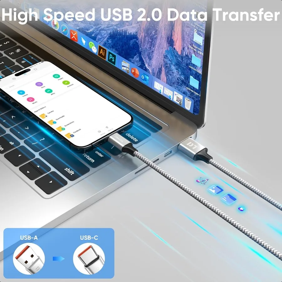 كابل USB C بطول 20 قدم طويل USB A 2.0 إلى النوع C 12 وات سلك نقل بيانات للشحن السريع متوافق مع وحدة تحكم Xbox PS5 iPhone 16 1