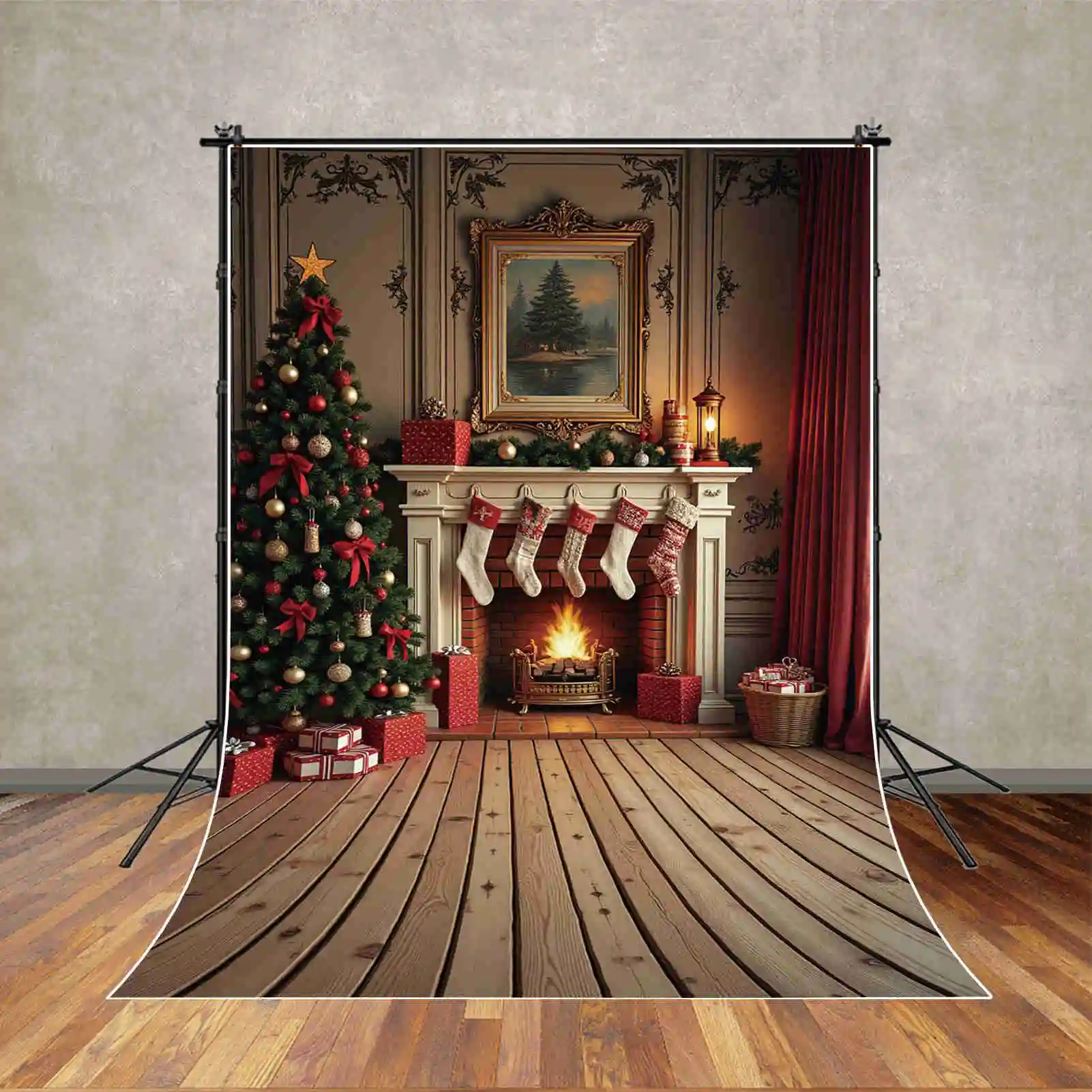 MOON.QG Christmas Photography Backdrop Brick Fireplace Tree Background Children\'s Village Home Photo Studio Photocall Supplier