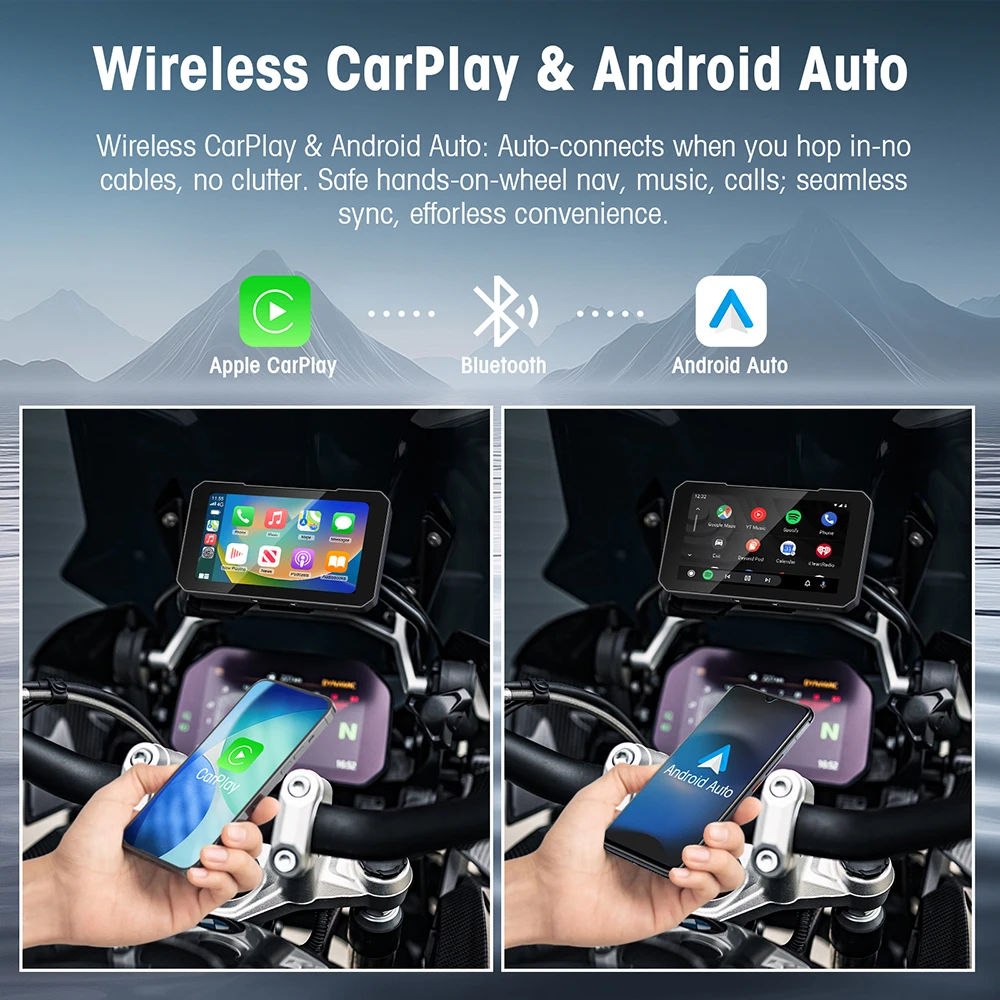 กล้องติดรถมอเตอร์ไซค์พร้อมระบบนำทางขนาด 5 นิ้ว รองรับ Wireless Carplay และ Android Auto ความคมชัดระดับ HD 1080P พร้อม GPS