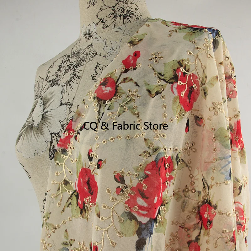 جديد روز نمط التطريز المطبوعة نسيج الشيفون ملابس نسائية ملابس الأطفال فستان النسيج