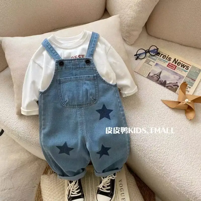 

Baby Girls Jeans Pants Spring and Autumn Children's Denim Pants Boys and Girls Star Casual Denim Strap Pants 0-5 Years