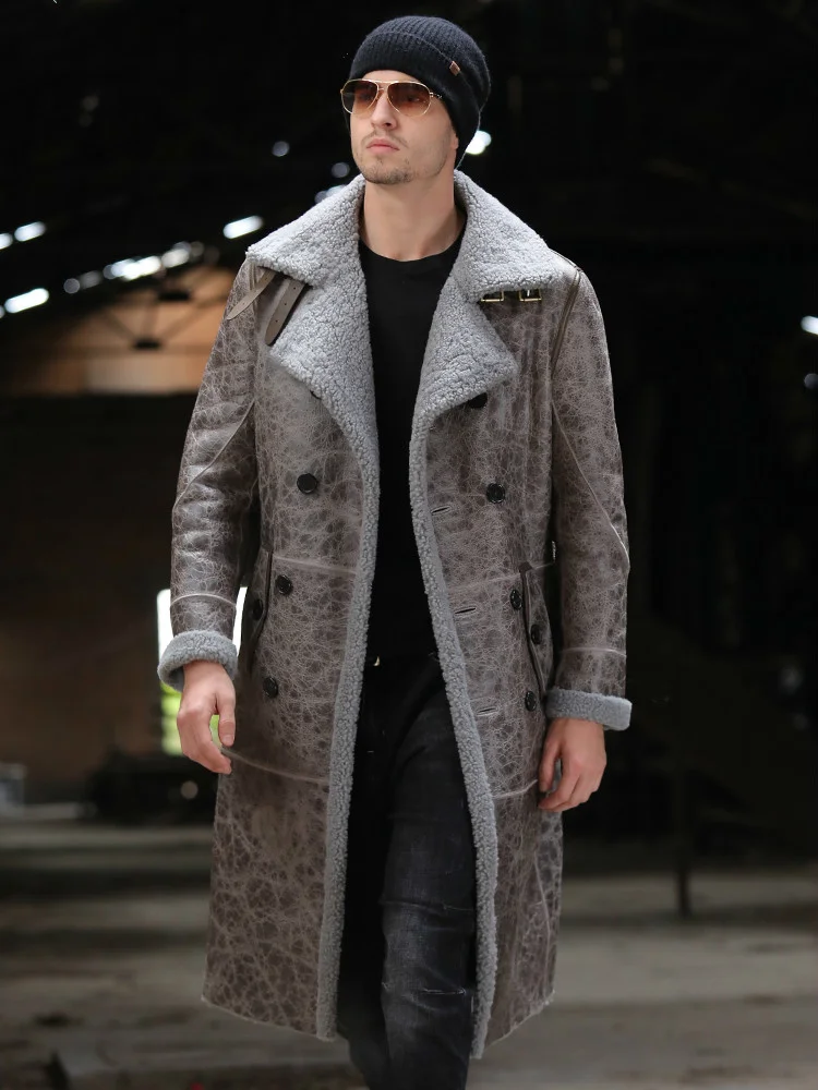 X-long Sheep Fur One Men's Leather Coat Men Genuine Windbreaker Jackets and s Winter Shearling Jacket