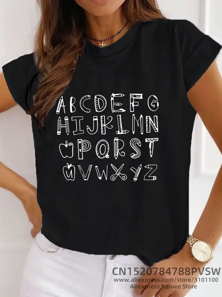 Women Teacher Alphabet Graphic Tshirt  Girl Y2K Harajuku Black Tee Tops Female Teaching Kindergarten Teachers Gift T-Shirt