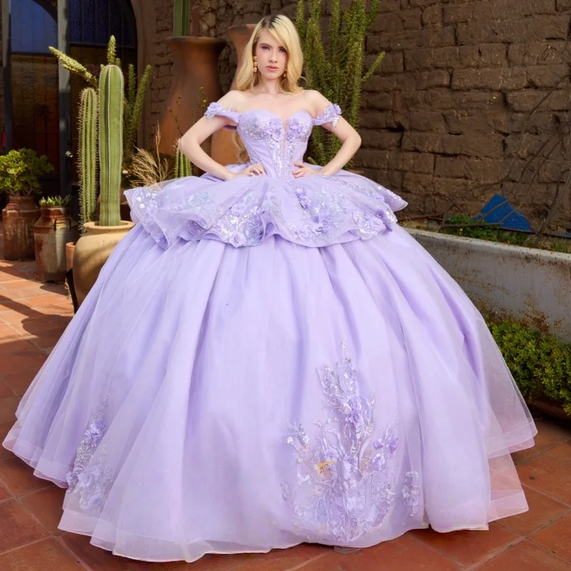 

Purple Quinceanera Dresses Off the Shoulder Glitter 3D Flower Crystal Decal Long tail Bow Vestidoe 15 Quinceanera Customize