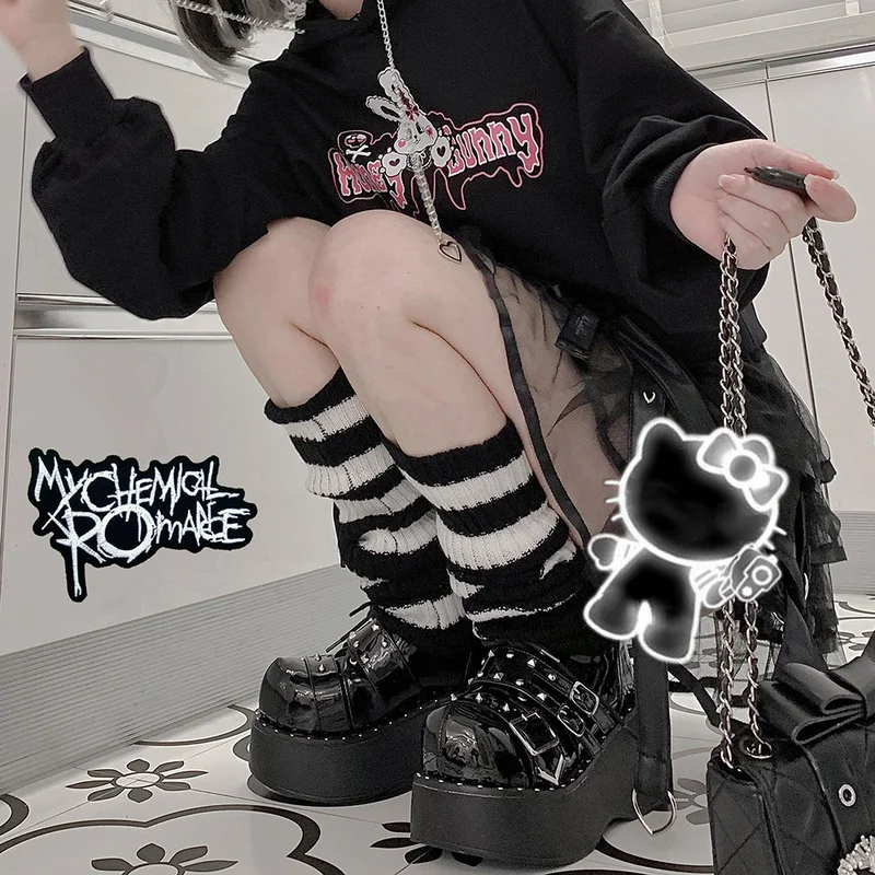 Y2k Goth Lolita Leg Striped Warmers Japanese Women Gothic Long Socks  Gaiters Knee Winter Knitted Cuffs Ankle Warmer