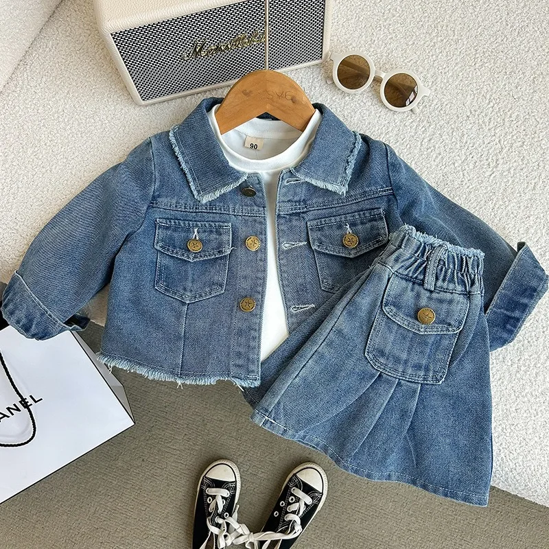 RAISE Children Girls Denim Set Autumn 1-10Y Girl Turn Down Collar Long Sleeve Coat Retro Toddler Girls Elastic Waist Skirts Suit