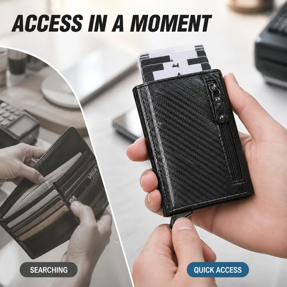 Compact Men's RFID Blocking Wallet PU Carbon Fiber Pattern Tri-Fold Card Holder with ID Window Zip Coin Pocket and Pop-Up Case