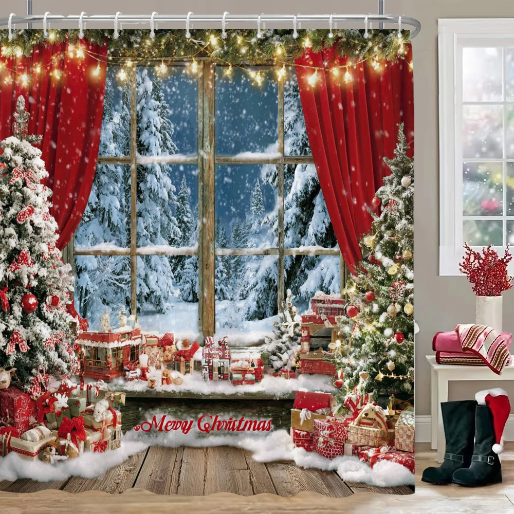 

Christmas Themed Shower Curtain Set with 12 Hooks Christmas Tree New Year Washable Home Bath Curtain Bathroom Decor Curtain
