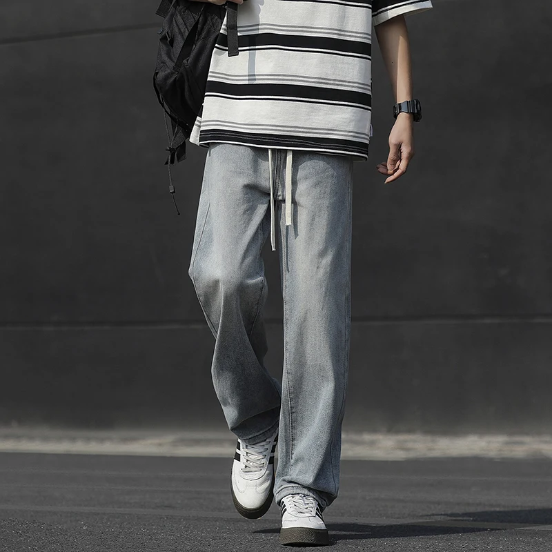 Fashion Loose Elastic Waist Spliced Pockets All-match Bandage Casual Pants Men's 2024 Spring New Oversized Solid Color Jeans