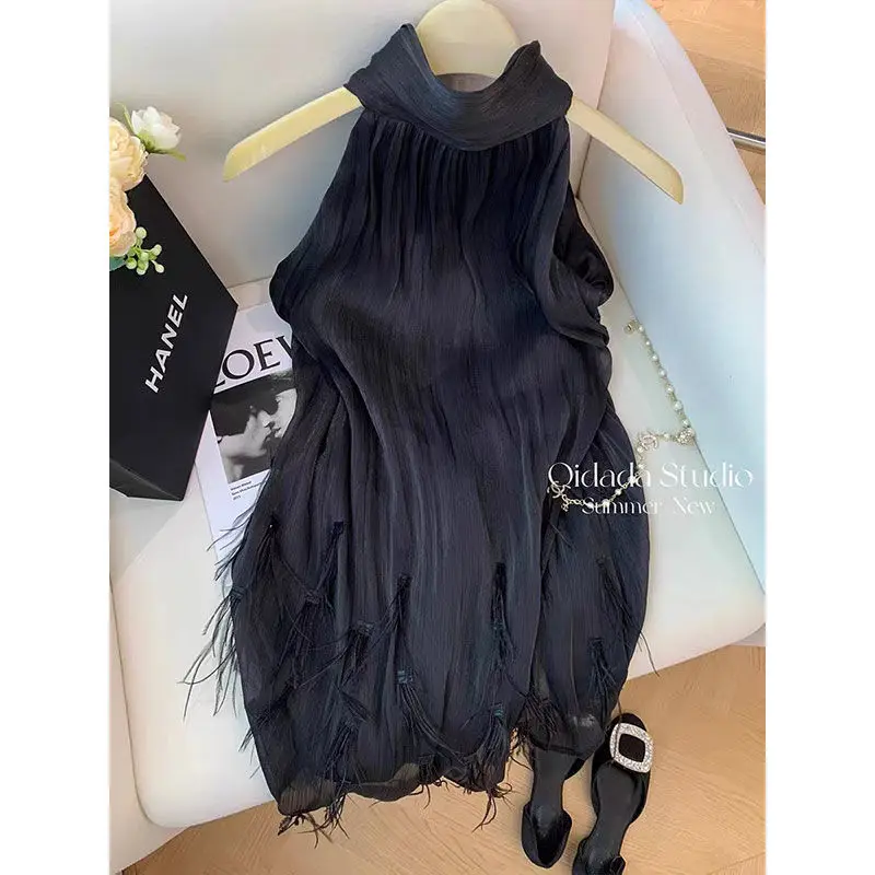 

Black French Style Small Fragrance Sleeveless Neck Hanging Dress for Women's Summer Haute Couture Short Dresses Female Clothing