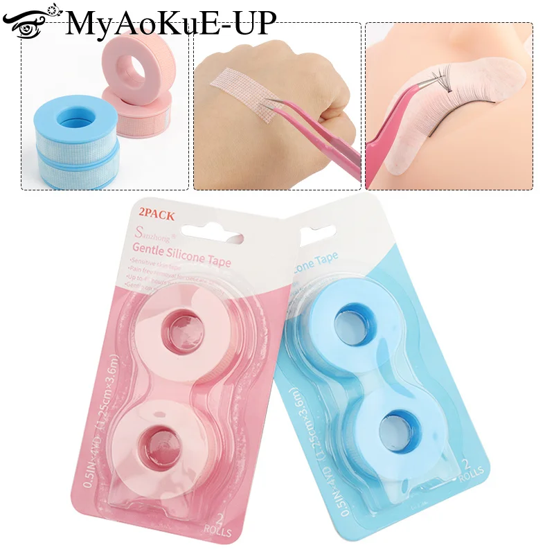 2pcs Small Size Silicone Eyelash Tape Medical Breathable Grafted False Lash Under Eye Pad Adhesive Tape Makeup Tool Pink Blue