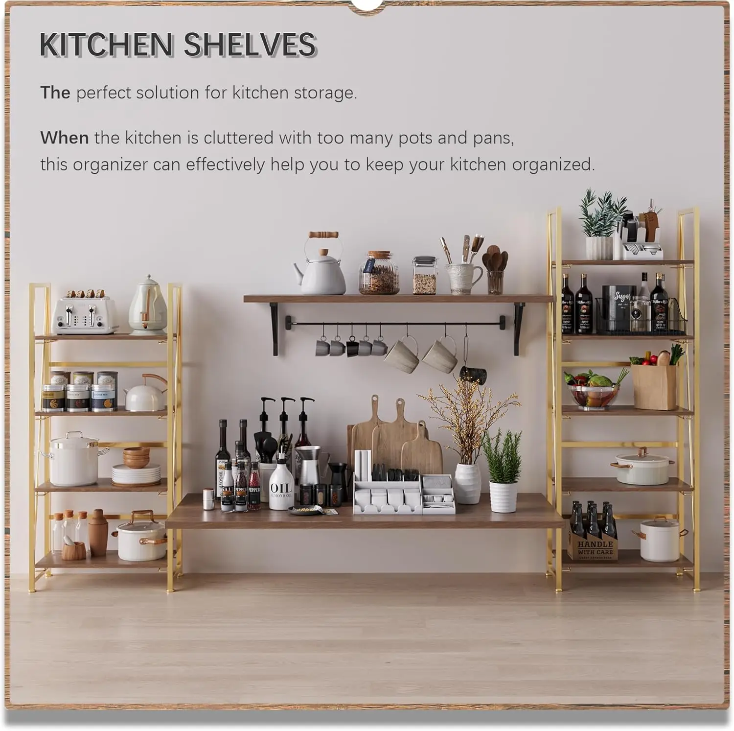 No-Assembly Folding Bookshelf Storage Shelves 4 Tiers Vintage Bookcase Standing Racks Study Organizer Home Office (Brown And