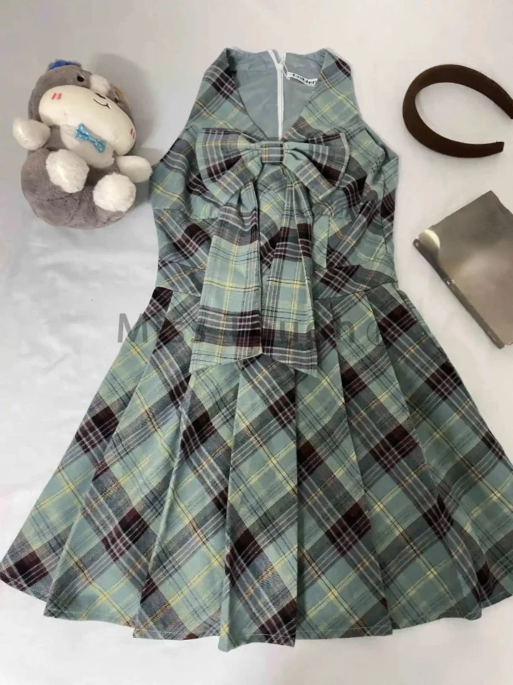 College Style Kawaii Two Piece Set Women Grey Short Sweater + Bow Sleeveless Dress Suit Japanese Sweet Plaid Sets Autumn 2024