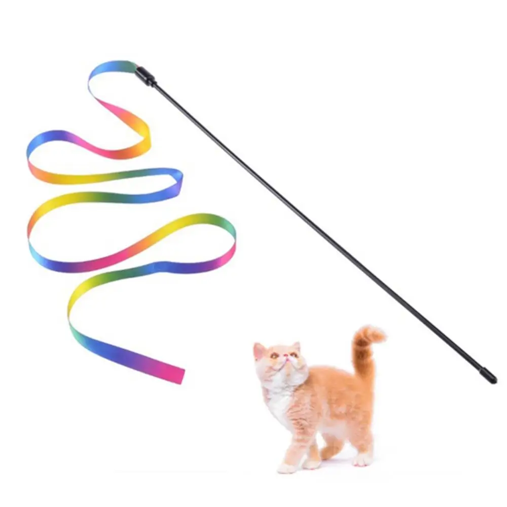 Cute Fabric Ribbon Tease Wand Rainbow Interactive Stick Cat Toys Cat Teaser Rod