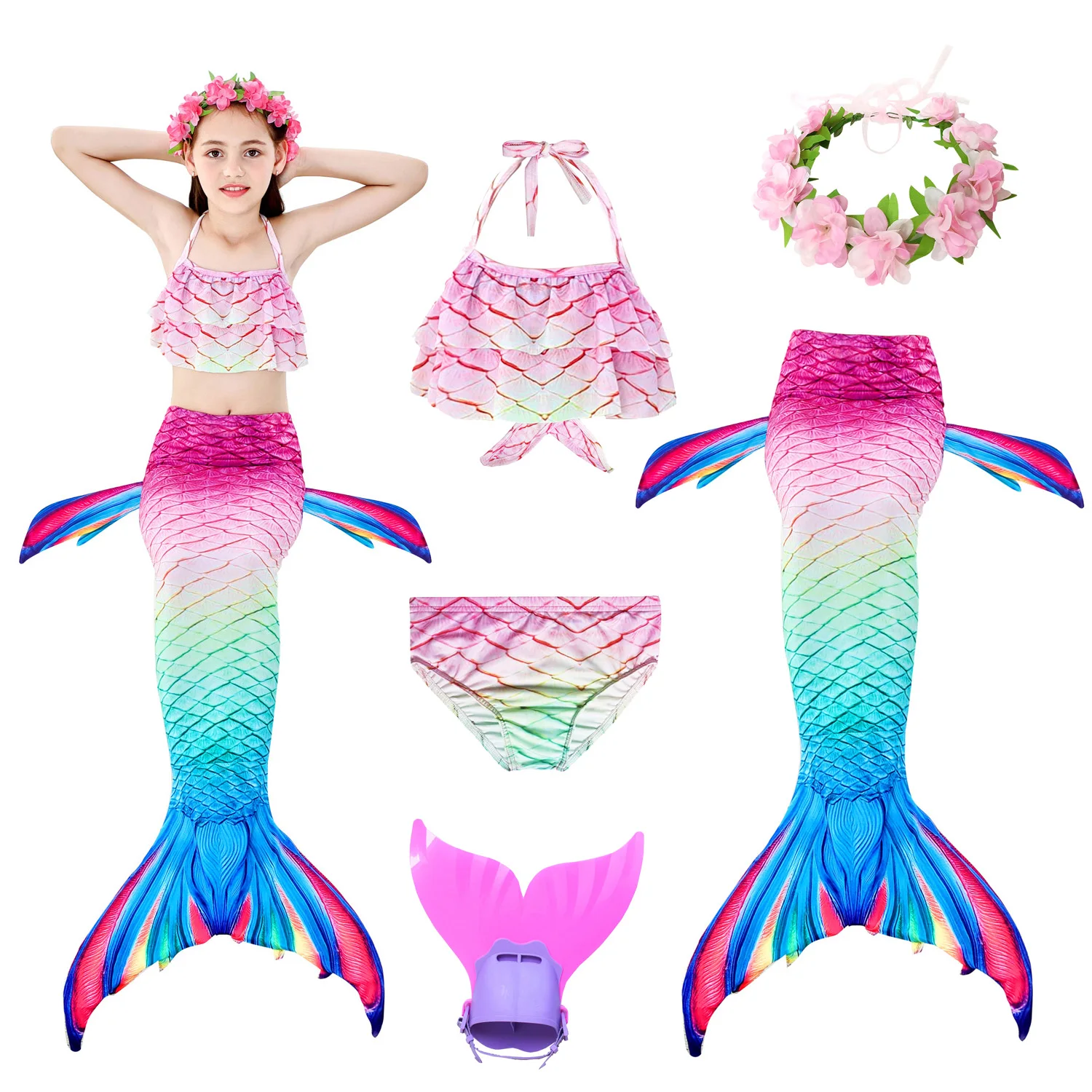 

3pcs/Children Mermaid Tails for Swimming Little Mermaid Girls Swimsuit Bikini Set Bathing Suit Party Cosplay Costumes