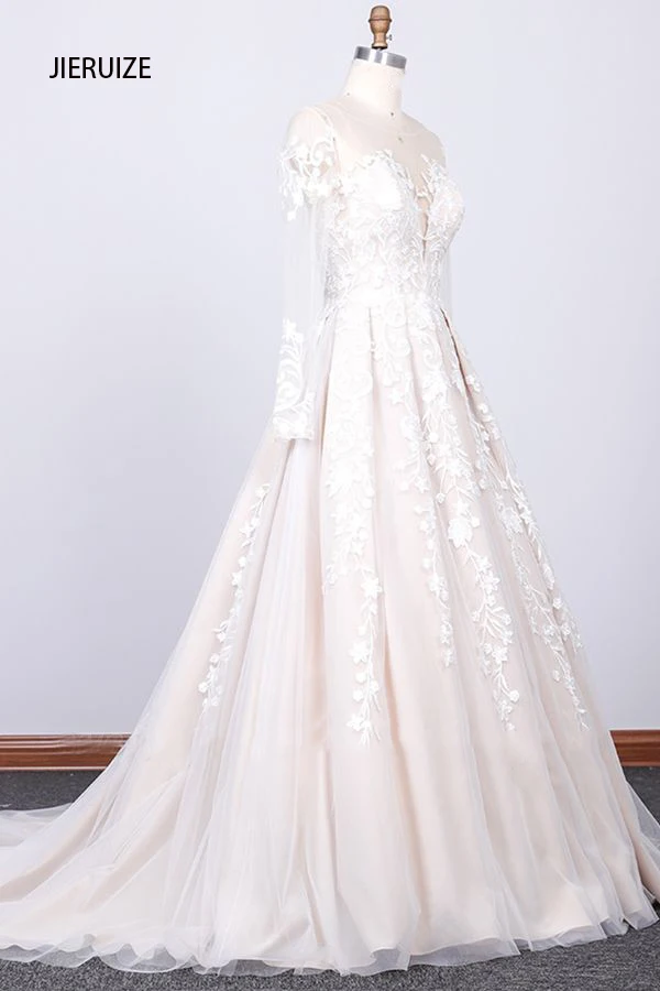 JIERUIZE Ivory Lace Appliques Luxury Wedding Dresses Deep A-line Buttons Sweep Train Long Sleeves Bridal Gowns