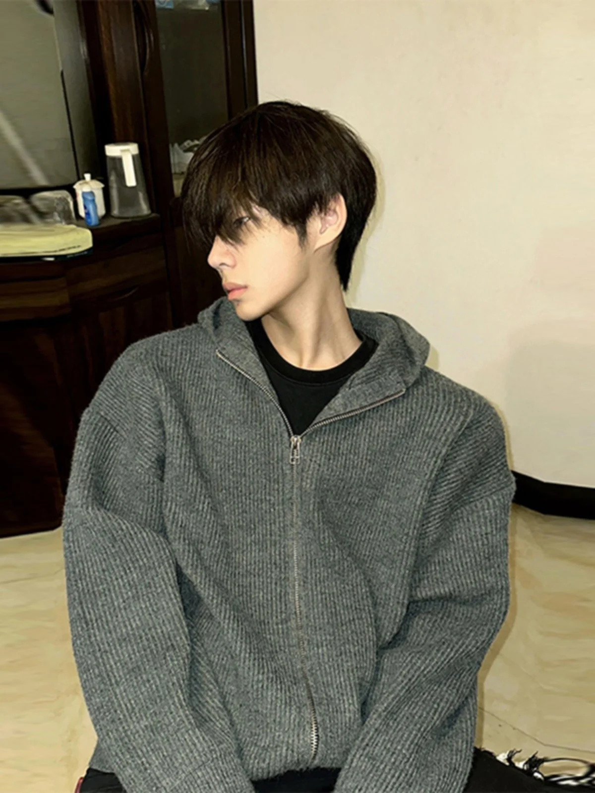 

Deep ey Zipper Cardigan Sweater Men's Lazy High-End American Retro Cleanfit Hooded Knitted Jaet Casual Loose Fit V-Ne