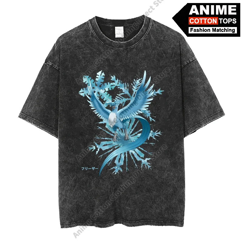

2025 Cartoon Pocket Monster Peripheral Clothing Articuno Print T Shirt Cotton Washed Vintage T-shirt Y2k Unisex Tees