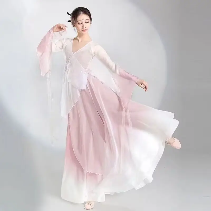 Chinese style folk dance classical dancer performance costumes elegant cardigan practice clothes body rhyme long outer gauze