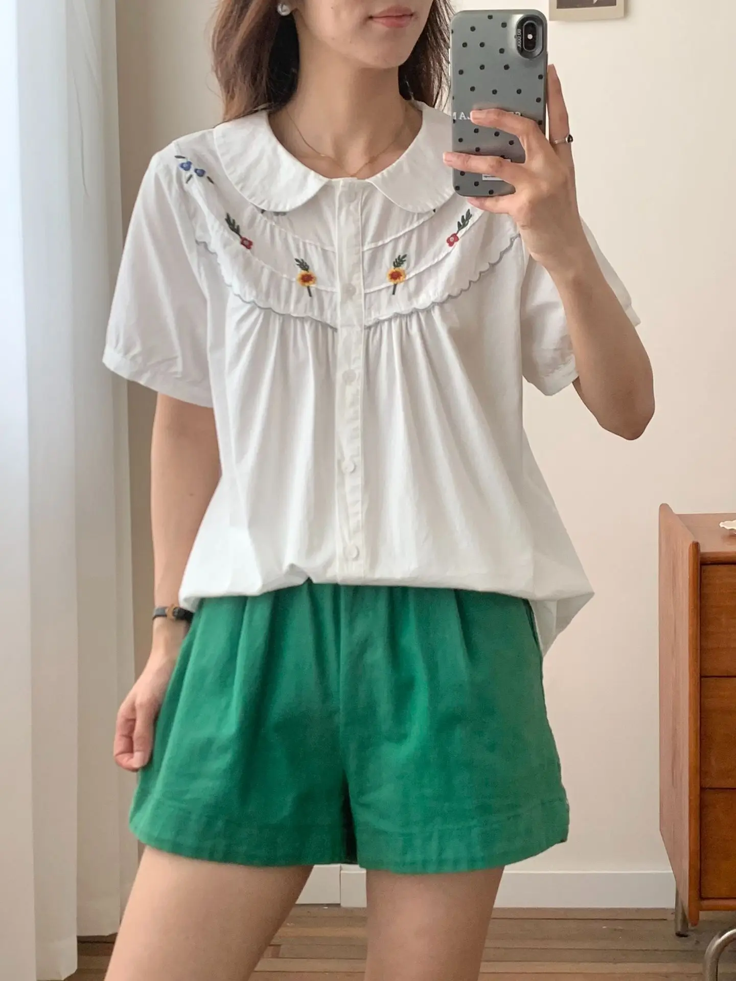 New 2025 Summer Cotton Short Sleeve Shirt, Women Peter Pan Collar Embroidery, Mori Girl Sweet Casual INS Loose Blouse T55521CC