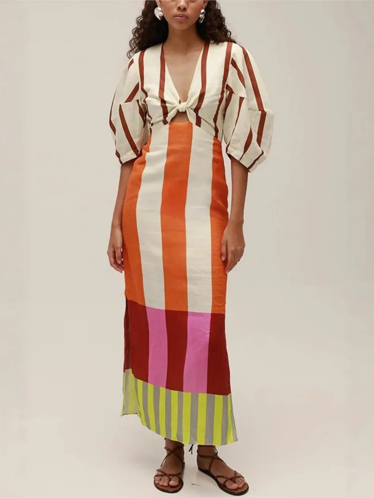 

Autumn New Arrival Women Long Dresses Leisure Fashion Chic Print Sexy V-neck Hollow Out High Waist Party Dress Lady Elegant Robe