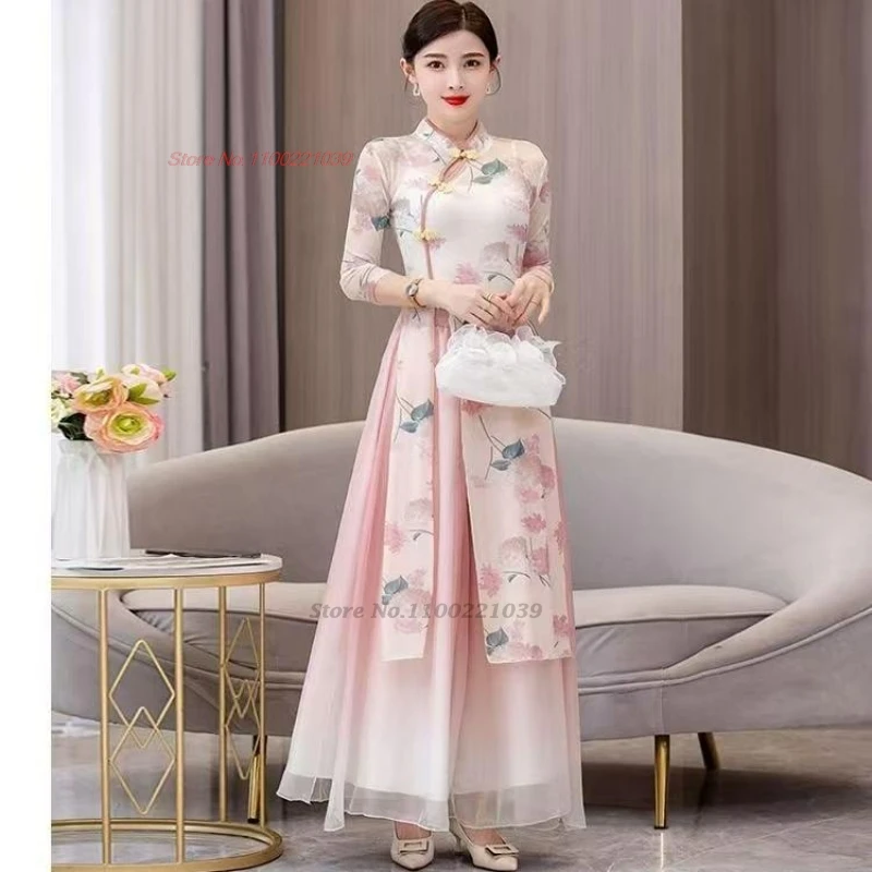 2025 abito da ballo popolare vintage cinese tradizionale stampa floreale maglia qipao top + pantaloni allenamento pratico per spettacoli teatrali retrò