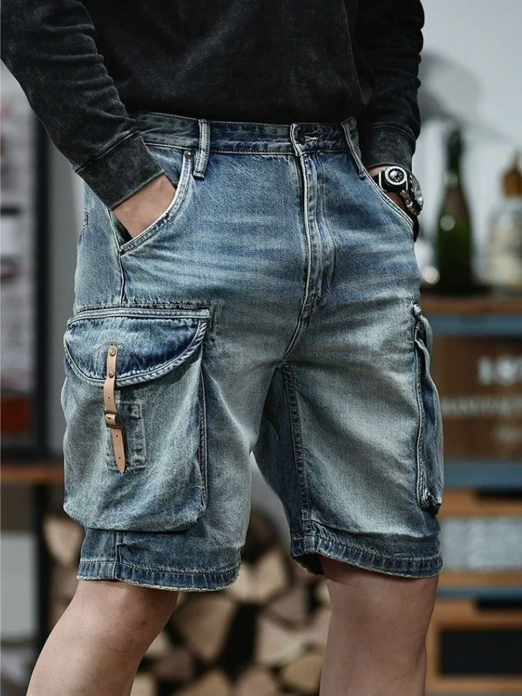 Vintage Style Men's Denim Shorts 1970s American Workwear Inspired Summer Mid-Length Contrast Color Trendy Knee-Length Casual