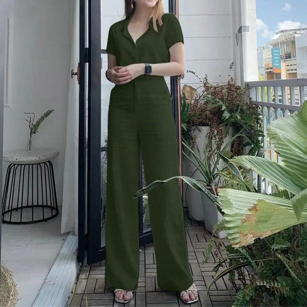 Women Two-piece Suit Women\'s 2-piece Suit Set with Lapel Shirt Short Sleeve Wide Leg Pants Solid Color High Waist for Ladies