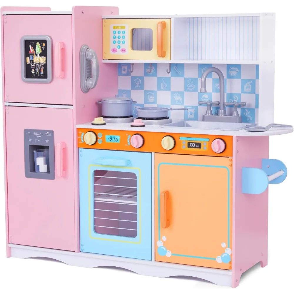 Kids Kitchen Set, Pretend Wooden Play Kitchen with Chalk Board, Play Phone, Rack & Ice Dispenser, Clicking Knobs