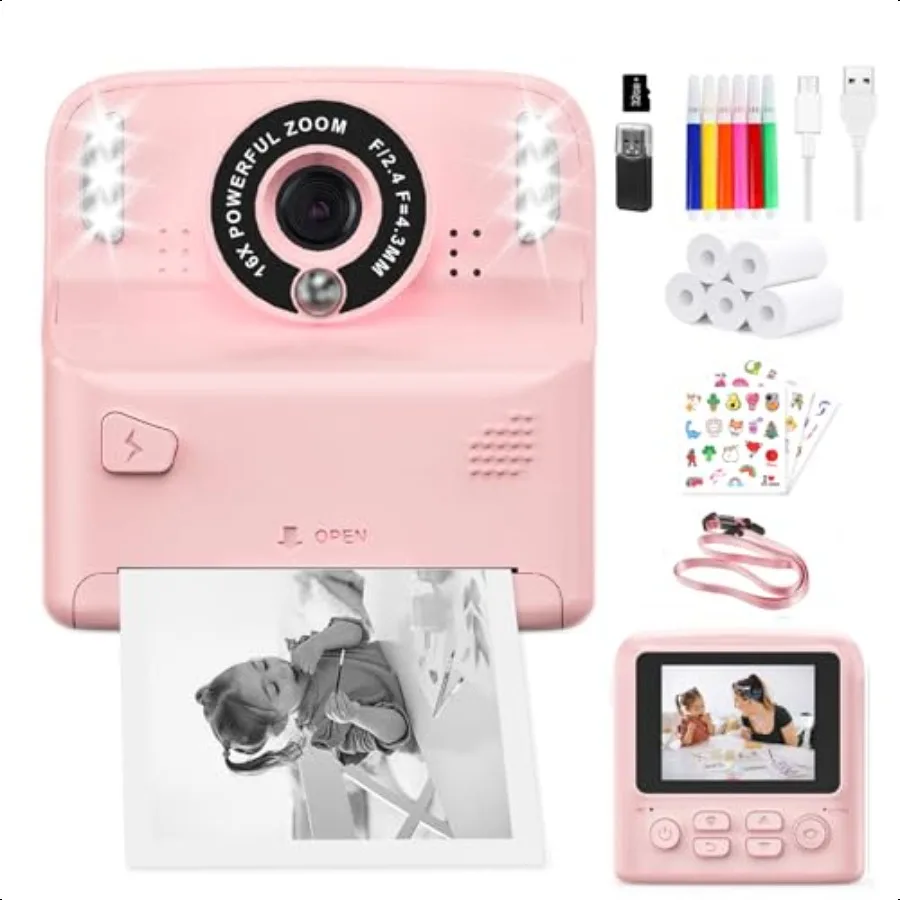 

Instant Print Camera with 2 Flash Lights Selfie Digital Camera with 2.4 Inch Screen 32GB Card 5 Rolls Print Paper for Age 312 G