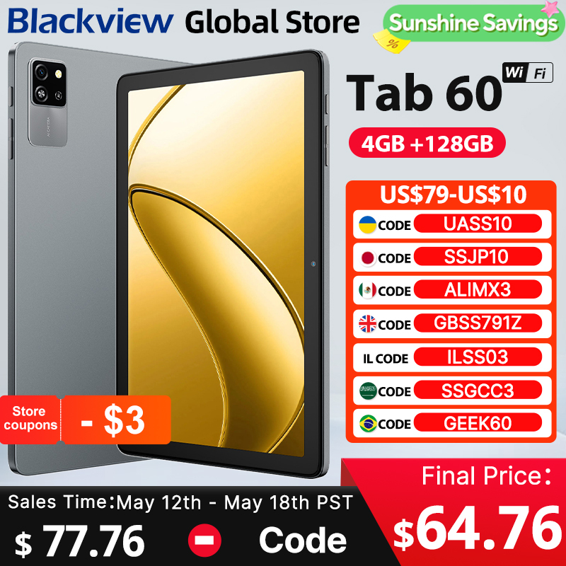 Blackview Tab 60 WIFI Tablet 10.1 Inch HD IPS Display Widevine L1 12GB(4+8Expand) 128GB PC Mode WIFI6 5100mAh Android 14 Pad PC