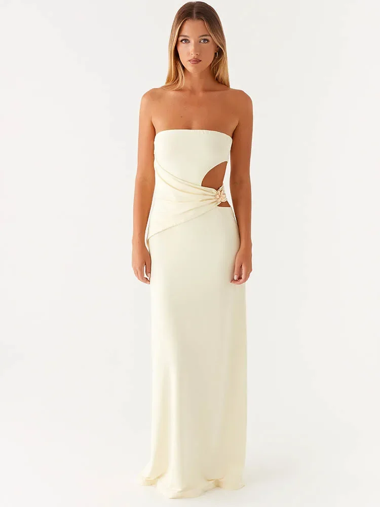 

Hollow Out Off-shoulder Sexy Maxi Dress Women Fashion Metal Flower Strapless Sleeveless Backless Bodycon Club Dress