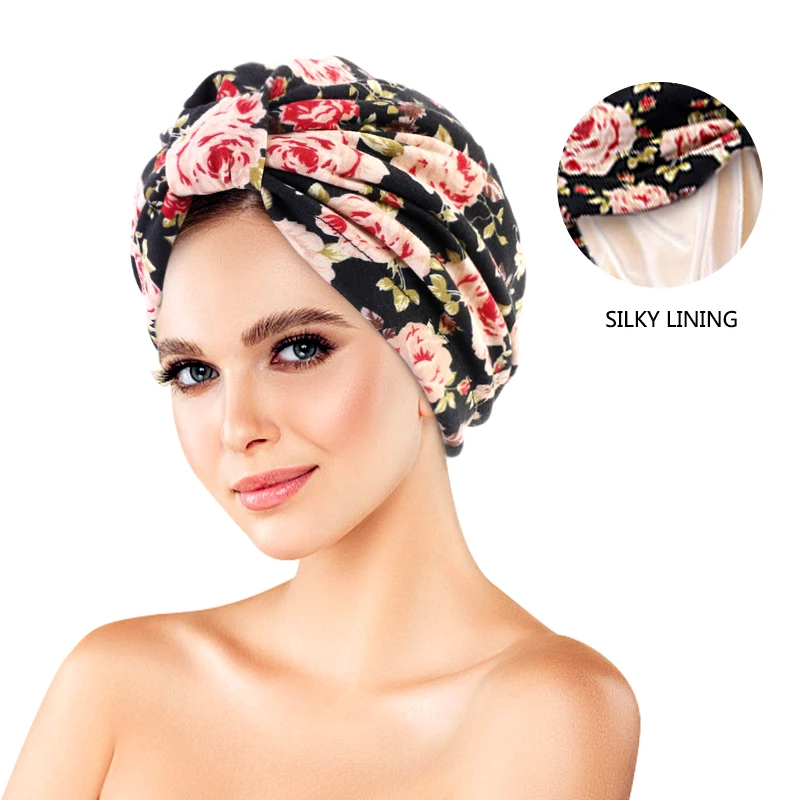 Floral Printed Turban Hat For Women Muslim Hijab Chemo Cancer Cap Islamic Hair Loss Hat Head Scarf Satin Liner Inner Cap Arab