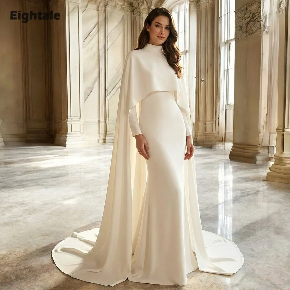

Арабское свадебное платье Eightale, индивидуальный пошив, цвет слоновой кости, с высоким воротом, длинными рукавами, из атласа, мусульманское, с короткими рукавами, для невесты, для вечеринки