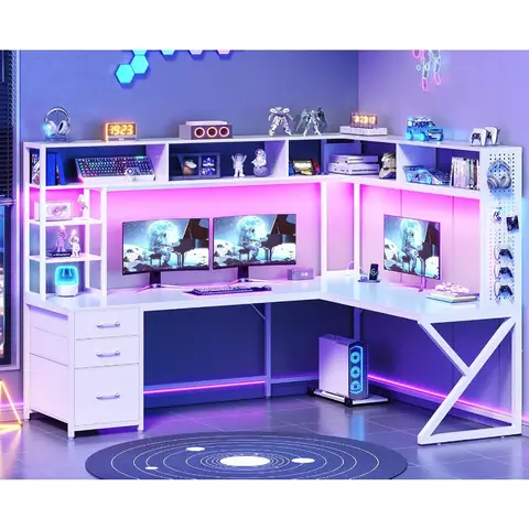 Corner Computer Desk Convertible 94.5 Gaming Desk with Storage Drawers Hutch and Pegboard L Shaped Office Desk with Power Outle