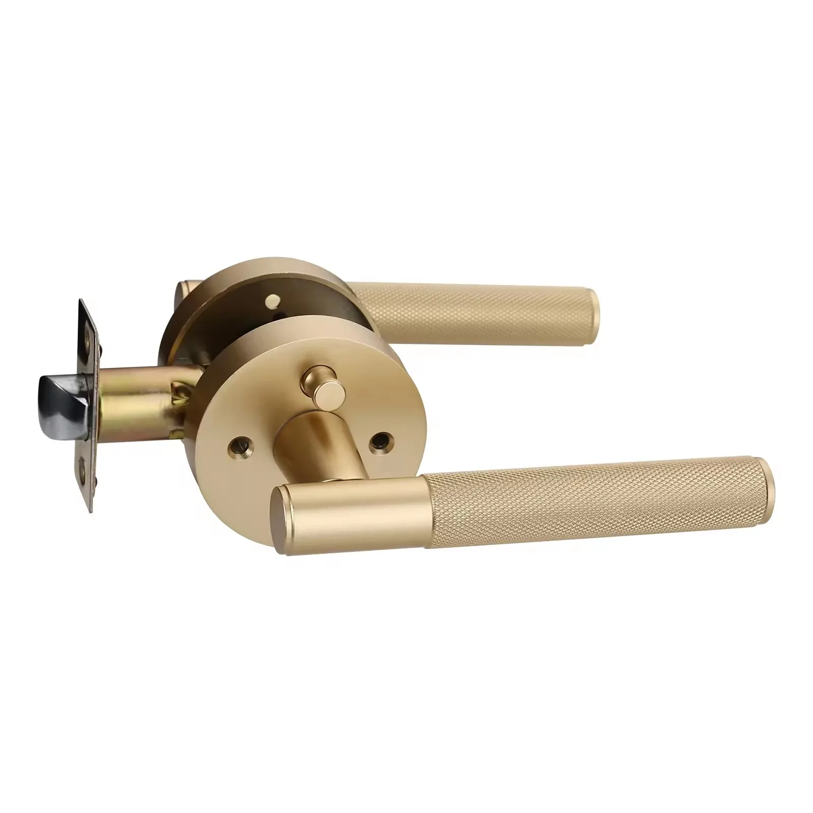 Viladepot Privacy Door Handle Rear Knurled Handle Lever Matte Gold Round Base Bedroom Bathroom Door Lock Reversible